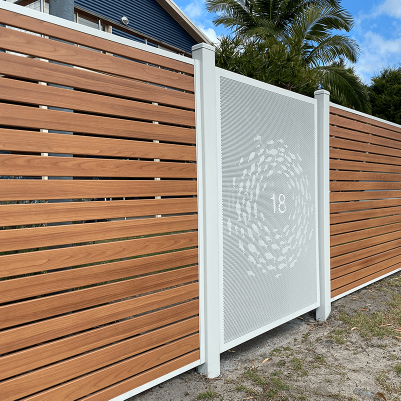 timber look metal woodgrain fence and perforated metal decorative gate with whirlpool design